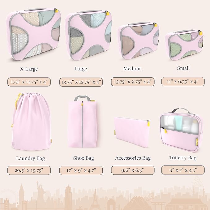 Shacke 8 Set Packing Cubes for Travel, Shoe & Toiletry Bags (Petal Pink) | Complete Suitcase Organizer Bags Set: 4 Luggage Packing Cubes + Laundry, Shoe, Toiletry & Accessories Bags for Any Trip - Image 4