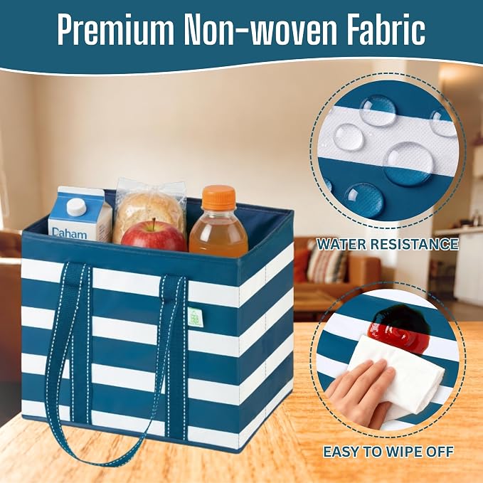 VENO 3 Pack Reusable Grocery Shopping Bags Utility Tote w/Sturdy Handles | Heavy Duty Storage Box with Hard Bottom, Foldable Picnic Basket for Groceries Shopping Cart(Classic Navy Stripe, 6 Gallon) - Image 4