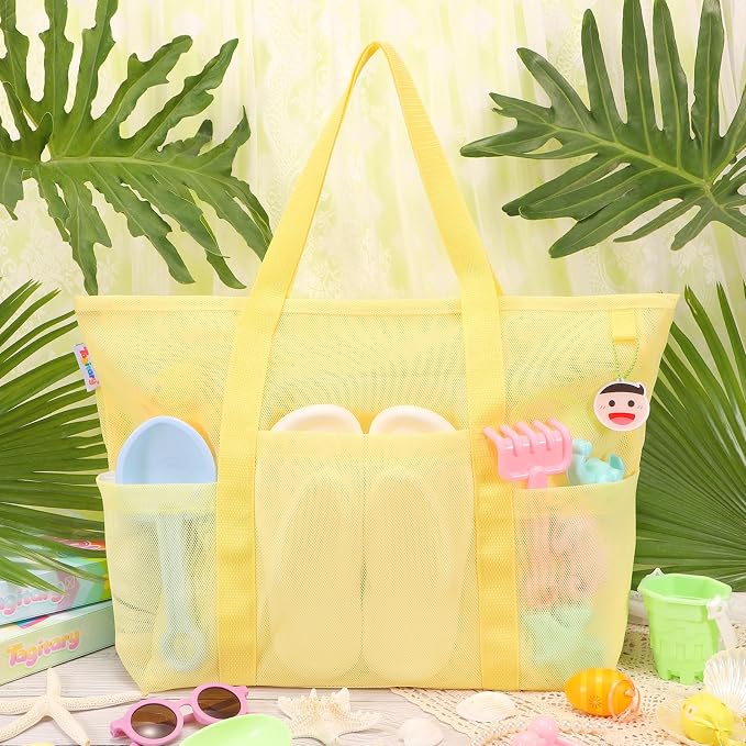 Tagitary Mesh Beach Bag with Zipper Large Beach Tote Waterproof Sandproof with 8 Pockets for Toys Pool Bag Beach Accessories - Image 3