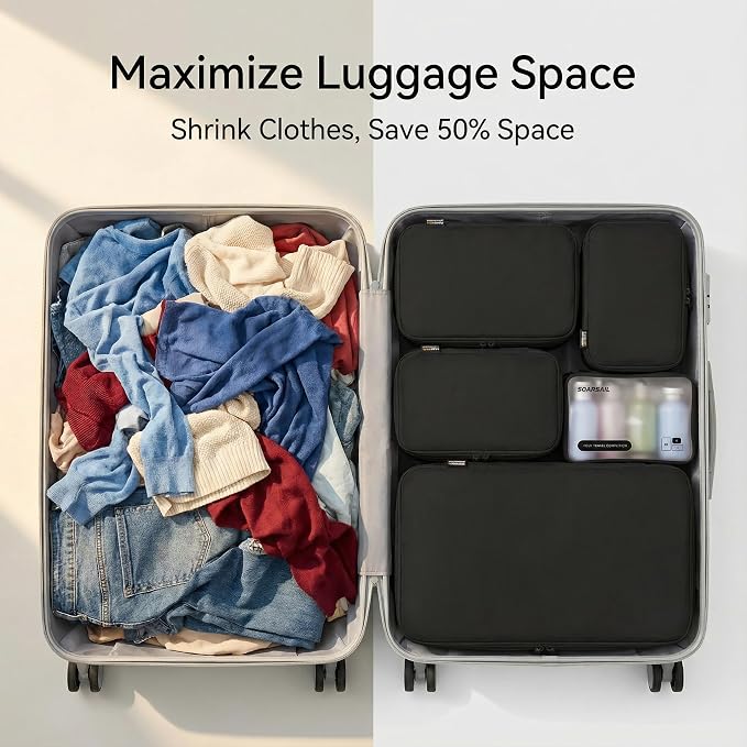 6 Set Compression Packing Cubes for 7–14 Day Travel, Jet Black | Nylon Oxford Fabric, Full Breathable Mesh, Reinforced Double-Zipper, Small to Large Size Bag, Expandable Packing System - Image 6