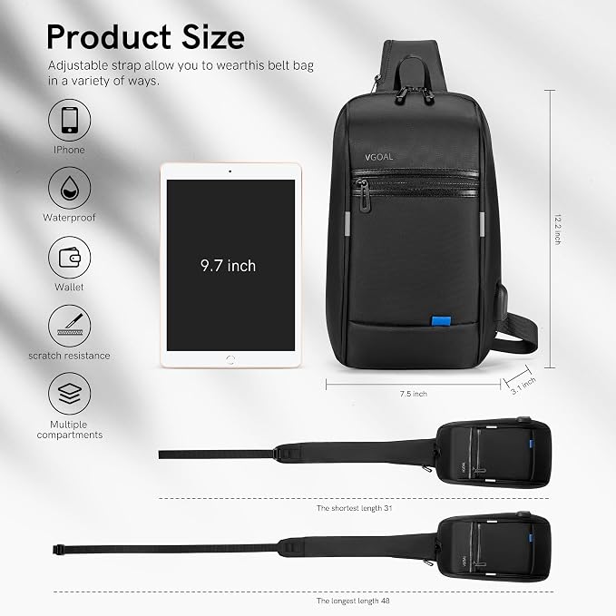 VGOAL Crossbody Bag Sling Bag for Men Sling Backpack Daypack | Waterproof,USB Charge Port,Minimalist,RFID Pocket,9.7 Inch IPad,Anti-theft pocket,Small,Travel Sport Running Hiking - Image 4