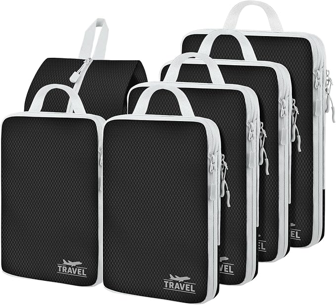 6 Set Compression Packing Cubes, Suitcase Organizer, Lightweight Travel Essentials, Compression Bags For Travel Accessories Luggage Storage Set (6Pcs, Black) by Unknown