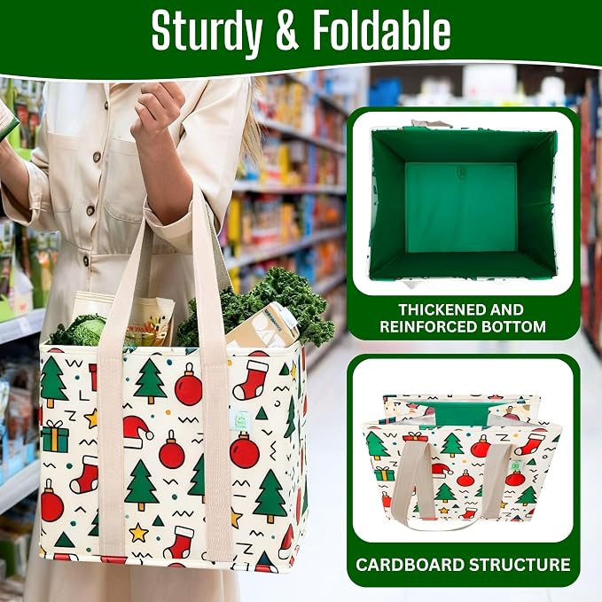VENO 3 Pack Heavy Duty Reusable Grocery Shopping Bags Utility Tote | Water Resistant, Storage Box with Sturdy Handles & Hard Bottom, Foldable for Groceries Shopping Cart(Jingle Mix, 6 Gallon) - Image 6