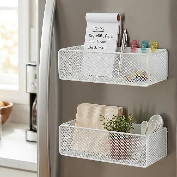 2 Pcs Magnetic Basket For Fridge | Kitchen Magnetic Storage Bin Box Containers Locker Organizer for Pegboard Refrigerator Kitchen Home Whiteboard(White) - Image 7