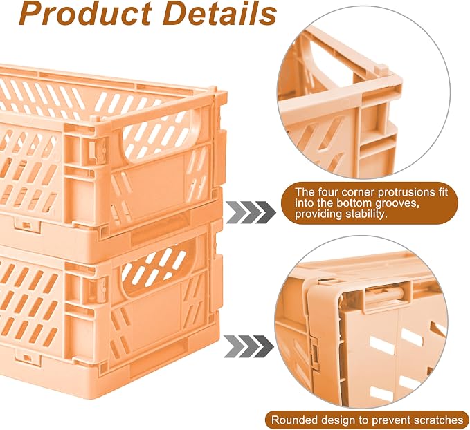 6 Pack Mini Foldable Small Plastic Baskets for Organizing and Storage，Collapsible Storage Crates,Mini Bins for Home Kitchen Bedroom Bathroom Office (Orange, Small 6x4x2.2) - Image 3
