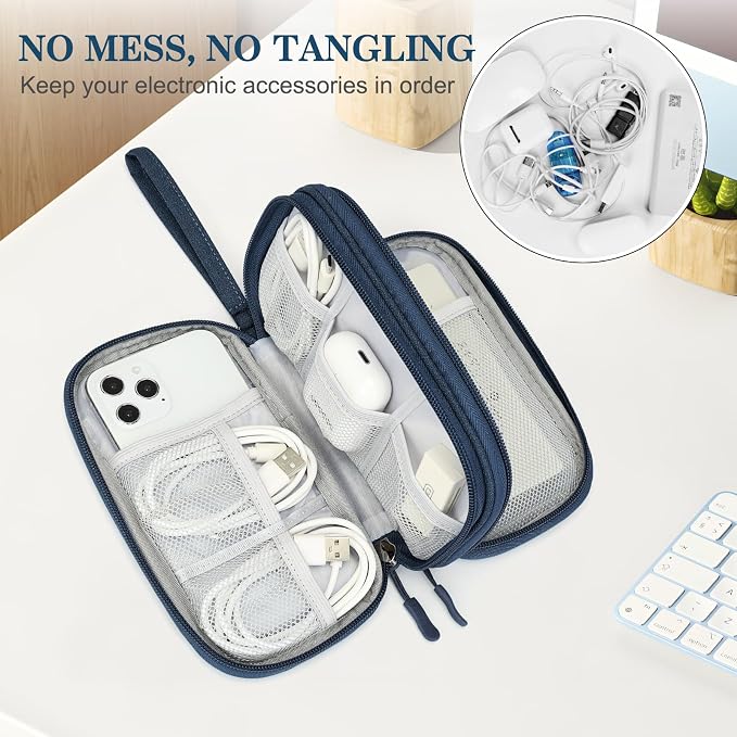 FYY Electronic Organizer, Travel Tech Pouch Bag, Cable Organizer Navy | Wrist Strap, Waterproof, Double Layers Portable Electronics Travel Carrying Case for Cord, Charger, Daily Business Trips Use - Image 5