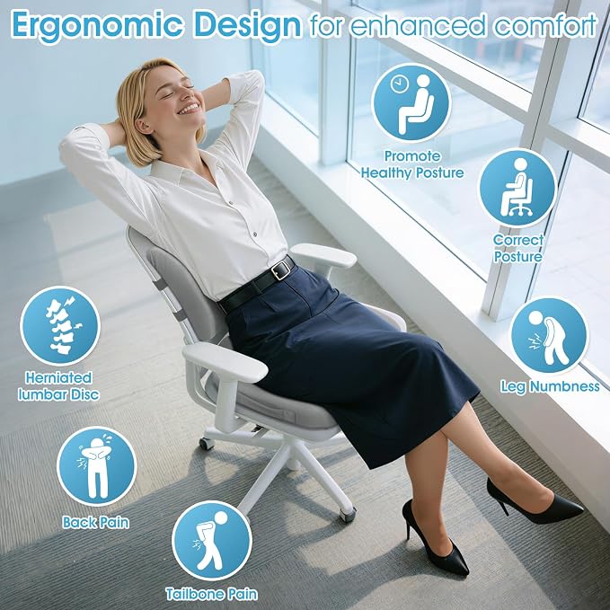 CushZone Seat Cushion and Lumbar Support Pillow for Office Chair Light Grey | Ergonomic Memory Foam for Sciatica Pain Relief & Posture Correction, Non-Slip Chair Cushions for Car, Wheelchair and Travel - Image 4