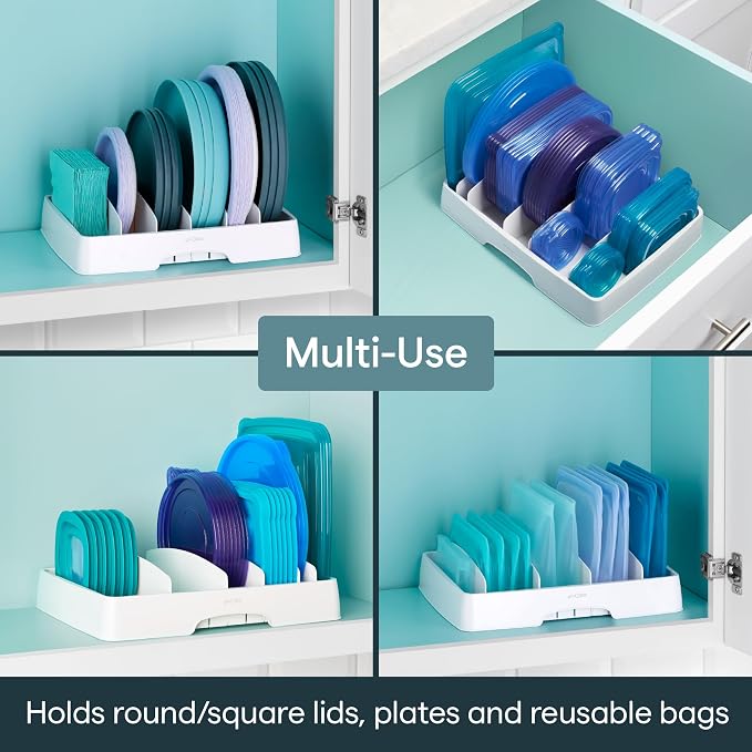 YouCopia StoraLid Food Container Lid Organizer for Kitchen Cabinet Storage with 5 Adjustable Dividers, 10.5''D × 13.4''W × 3.3''H, Large Classic Edition, White - Image 7