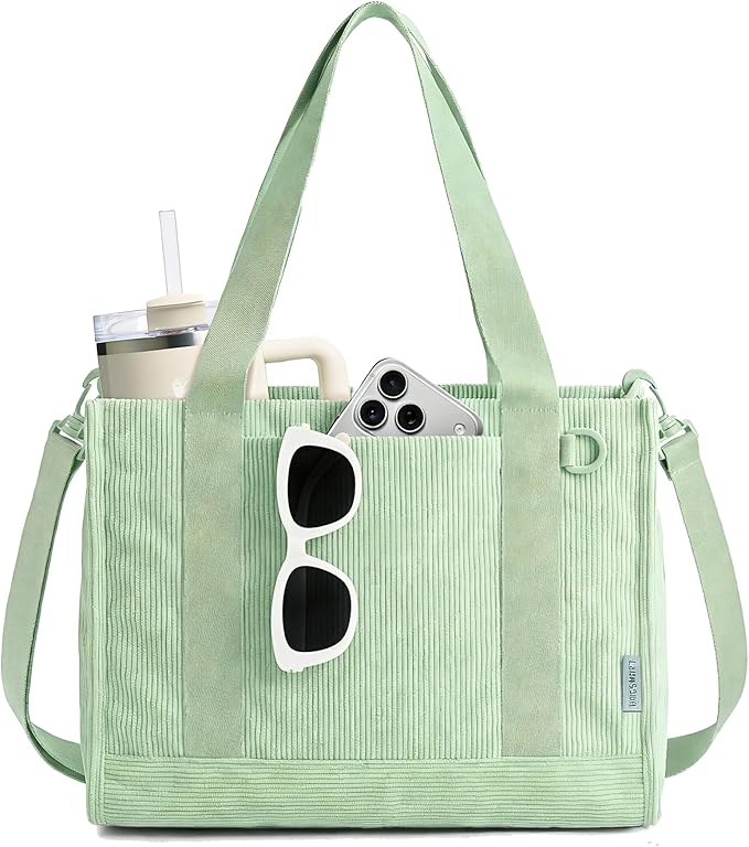 BAGSMART Corduroy Tote Bag for Women, Small College Teacher Laptop Handbag | Fits 14 inch Laptop, 40oz Tumbler Holder, Soft Corduroy Bag with Crossbody Strap for Daily, Work, Flight Travel, Hand Wash by BAGSMART