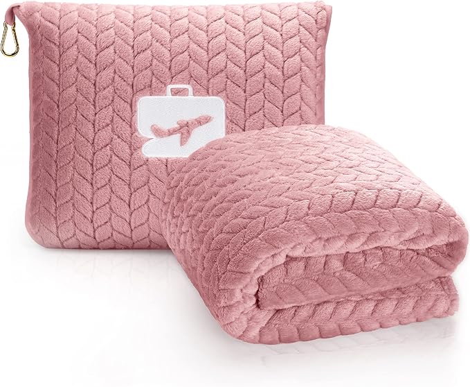 EverSnug Travel Blanket & Pillow 68x42 - Premium Ultra-Soft Microfleece 2 in 1 Compact & Packable Flight Blanket with Soft Bag Pillowcase, Hand Luggage Sleeve and Backpack Clip (Light Pink) by EverSnug