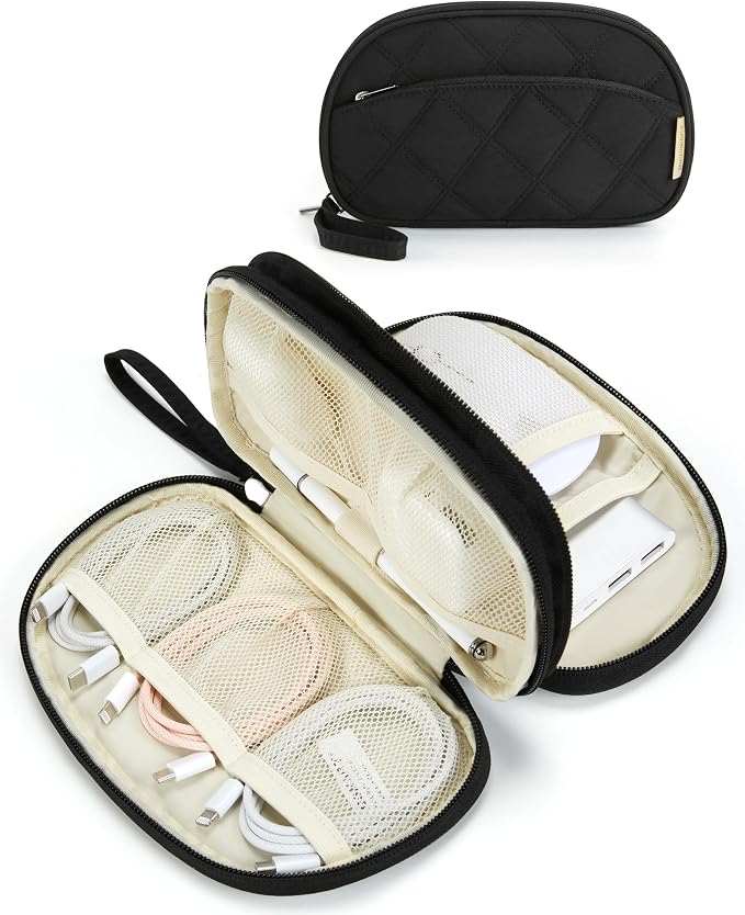 BAGSMART Travel Cord Organizer Electronics Case, Double Layers Puffer Cable Organizer Bag Travel Essentials for Women, Tech Organizer Case for Charger, Phone, Flash Drive - Black by BAGSMART