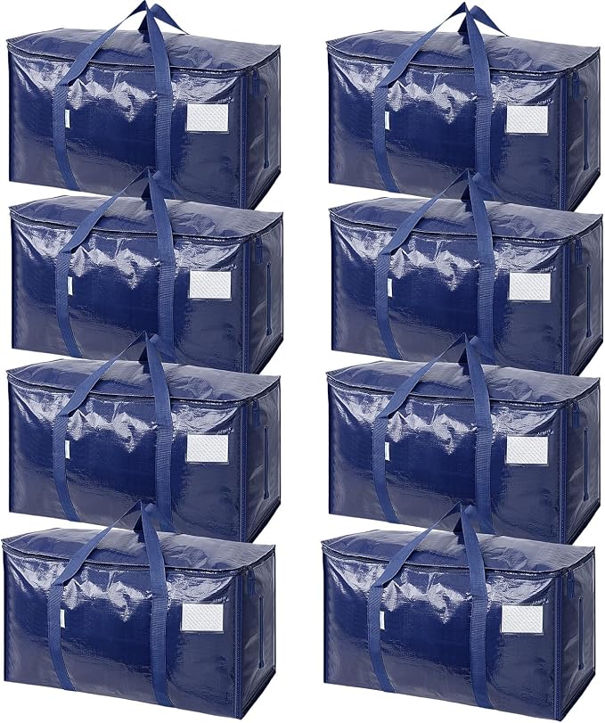 TICONN 8 Pack Extra Large Moving Bags Heavy Duty with Zippers & Carrying Handles, Durable Storage Bags Moving Boxes for Closet Organizers and Storage (8 Pack, Navy) by TICONN