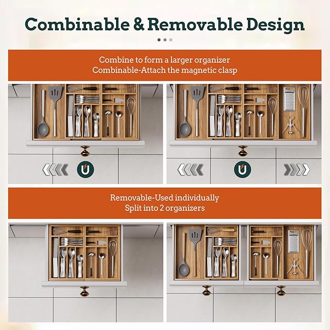 Silverware Organizer Large, Magnetic Connected Expandable 13 Slots Silverware Drawer Organizer From 21 to 37.4 Inches, Adjustable Flatware and Cutlery Holder, Bamboo Utensil Tray for Kitchen Acacia - Image 5