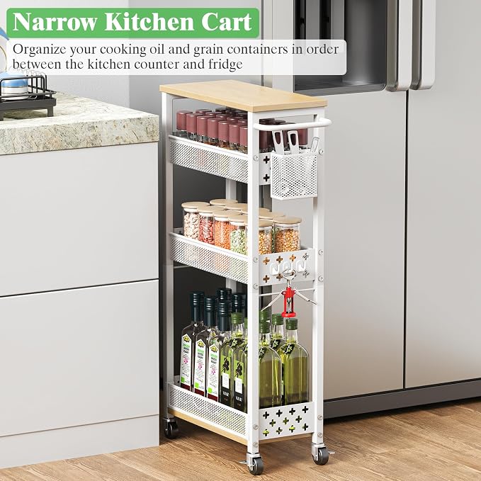 4 Tier Slim Rolling Cart Bathroom Organizer and Storage with Wheels | Narrow metal laundry room cart，kitchen organizer, trolley with handle and mesh basket, 7.1 inch width for small space, white - Image 4