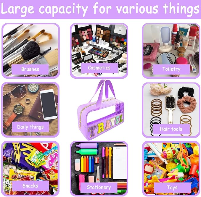 Bunliuys Chenille Letter Clear Makeup Bag Travel Patch, Travel Toiletry Makeup Bag with Handle, Nylon Waterproof Makeup Bags clear cosmetic bag, preppy patch makeup bag for Women (TRAVEL-Violet) - Image 5