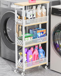 4-Tier Rolling Slim Storage Cart Kitchen Bathroom Laundry Organizer | 5.9"wide, wood rack tier, with 3 hooks, carbon steel, suitable for compact spaces, 360° swivel wheels with brakes, white by Giwil