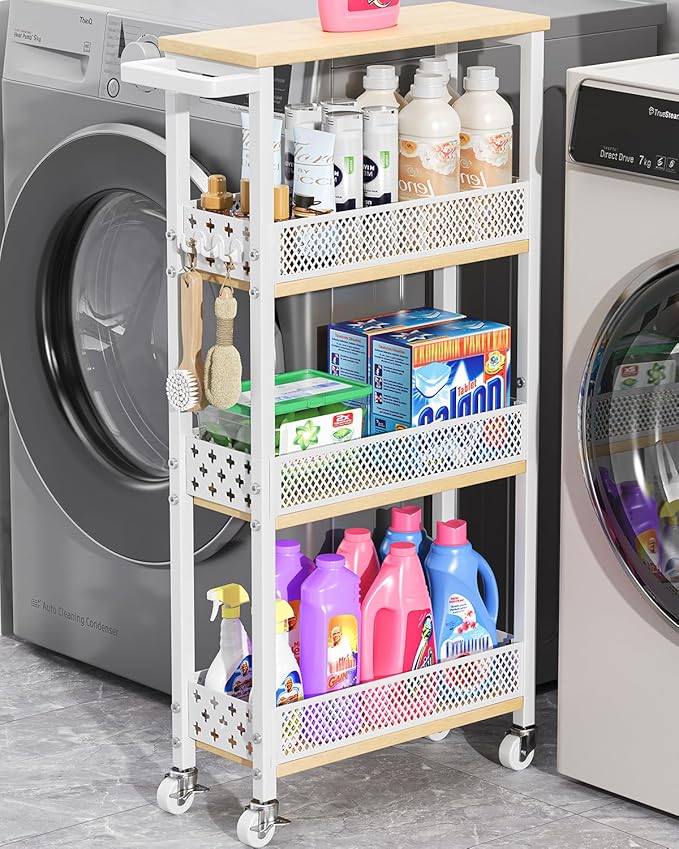 4-Tier Rolling Slim Storage Cart Kitchen Bathroom Laundry Organizer | 5.9"wide, wood rack tier, with 3 hooks, carbon steel, suitable for compact spaces, 360° swivel wheels with brakes, white by Giwil