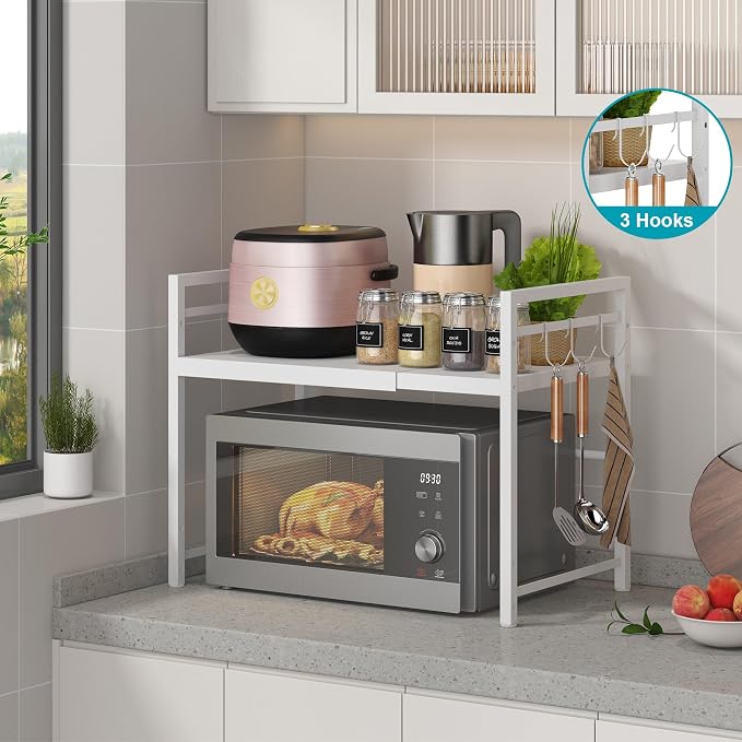 DOLALIKE Expandable Microwave Stand Kitchen Countertop Organizer, White | Adjustable Microwave Oven Rack Metal Storage Shelf with 3 Hooks for Pans Small Appliances Kitchen Utensils Tableware, 2-Tier - Image 7