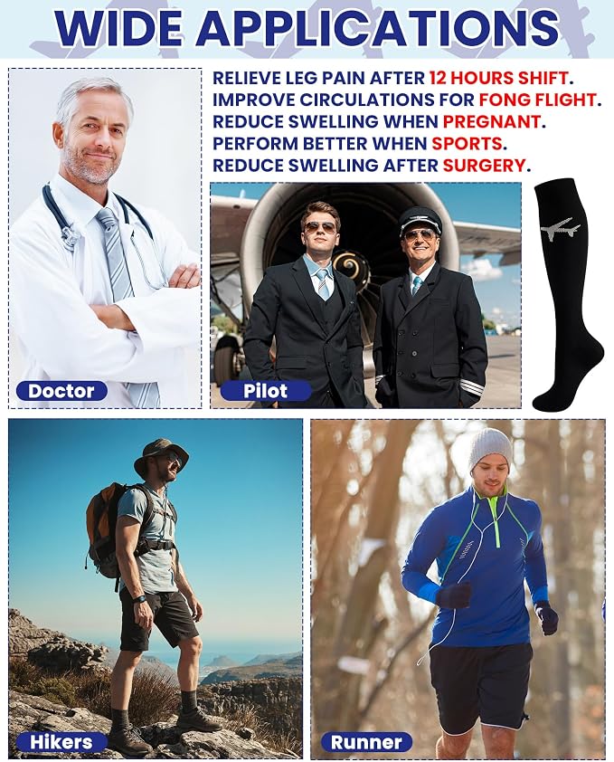 Skicuff 6 Pairs Airplane Compression Socks for Men Women 15-25 Mmhg Graduated Knee High Travel Socks for Flight Flying Pilots - Image 6