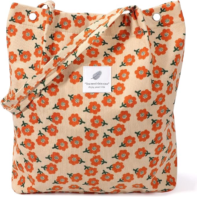 LHMTQVK Corduroy Tote Bags for Women, Large Capacity Tote Purse Reusable Grocery Shoulder Bag with Inner Pockets by LHMTQVK
