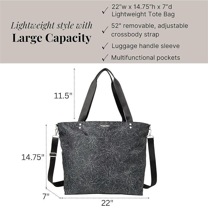 Baggallini Carryall Tote - Lightweight Nylon Zipper Top Weekender Travel Beach Bag w/Luggage Sleeve - Image 5