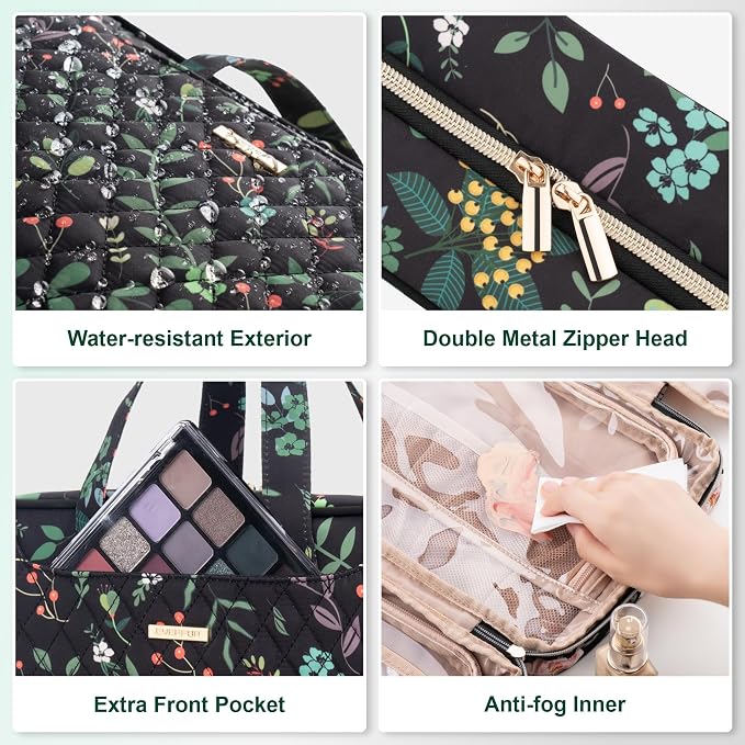 Everfun Travel Toiletry Bag with Hanging Hook and Leakproof Wet/Dry Compartments, Large Capacity Makeup Cosmetic Organizer for Women, 12x9x4.5 Inch, Black Leaves - Image 7