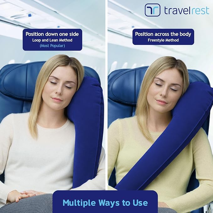 TRAVELREST Ultimate Travel Pillow & Body Pillow - Headrest, Auto, Bus, Train, Office Napping, Camping, Wheelchairs, Comfort and Support, Rolls Up, Straps to Airplane Seat & Car - Blue | Inflatable Travel Essential, Upper Compact Support, Sleeping Acces... - Image 6