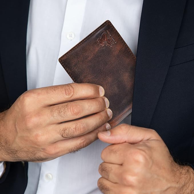 Men's Leather Wallet with RFID Blocking 2 ID Windows in Full Grain Crazy Horse Leather - Image 6