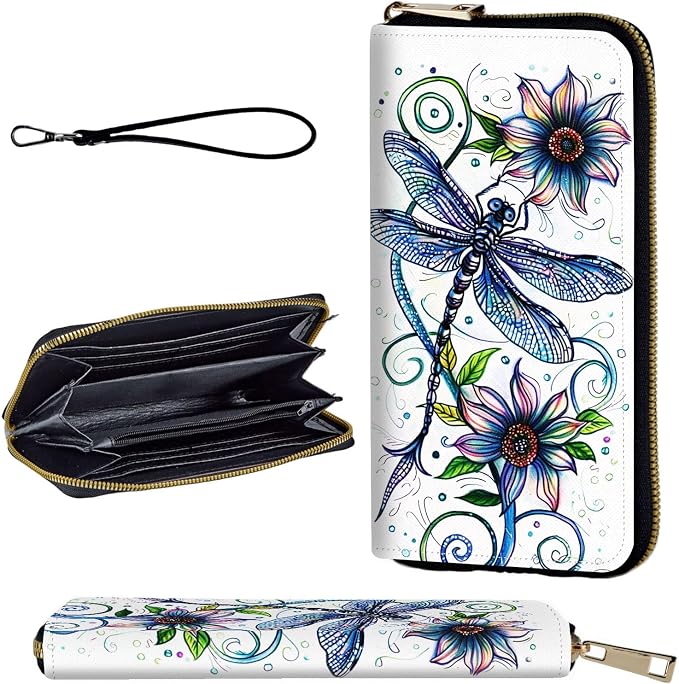 Wallet,Leather Long Wallet Suitable For Ladies And Teenagers - Detachable Wristband + RFID Travel Wallet With Card Slot - Dragonfly with Flowers by Unknown