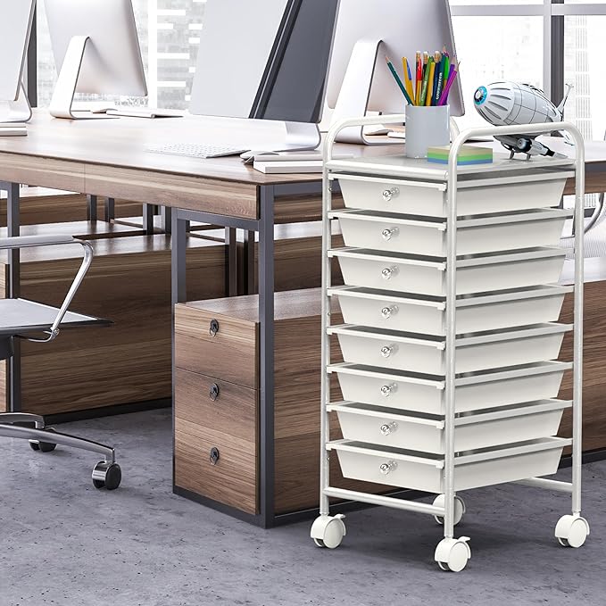 Simple Houseware 8 Drawers Rolling Utility Cart Art Craft Storage, White | 1-Column, 30.25" Height, Lockable Wheels, for School, Office, Art Craft, and Paper Storage - Image 2