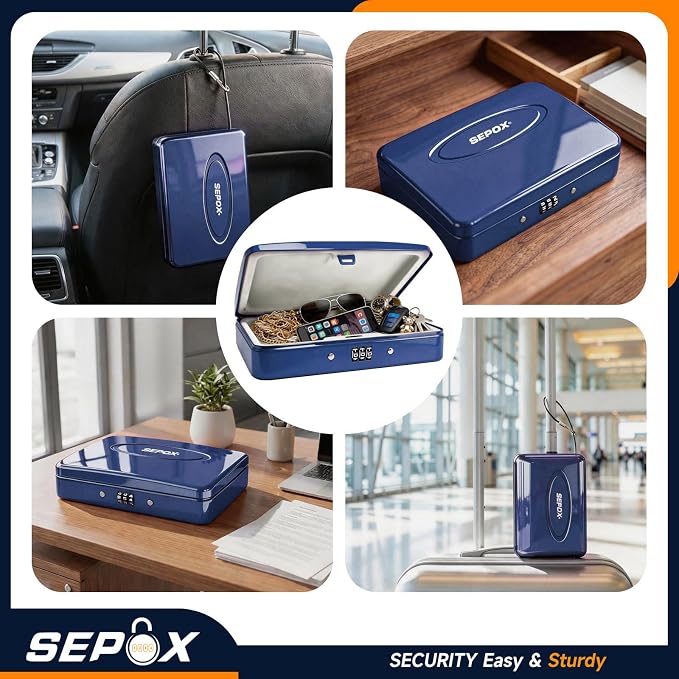 SEPOX® Water Fire Guard Steel Lock Box 3-Ft Security Cable Resettable Combo | For Travel Home Office Dorm Water Fire Guard Steel Lock Box Resettable Code 3-Ft Steel Cable Keyless Portable Small Safe Size - Image 5