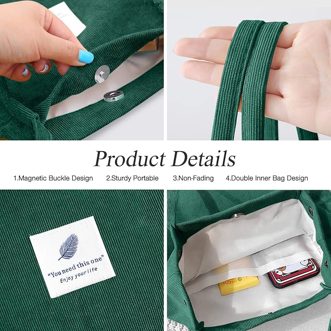 LHMTQVK Corduroy Tote Bags for Women, Large Capacity Tote Purse Reusable Grocery Shoulder Bag with Inner Pockets - Image 4
