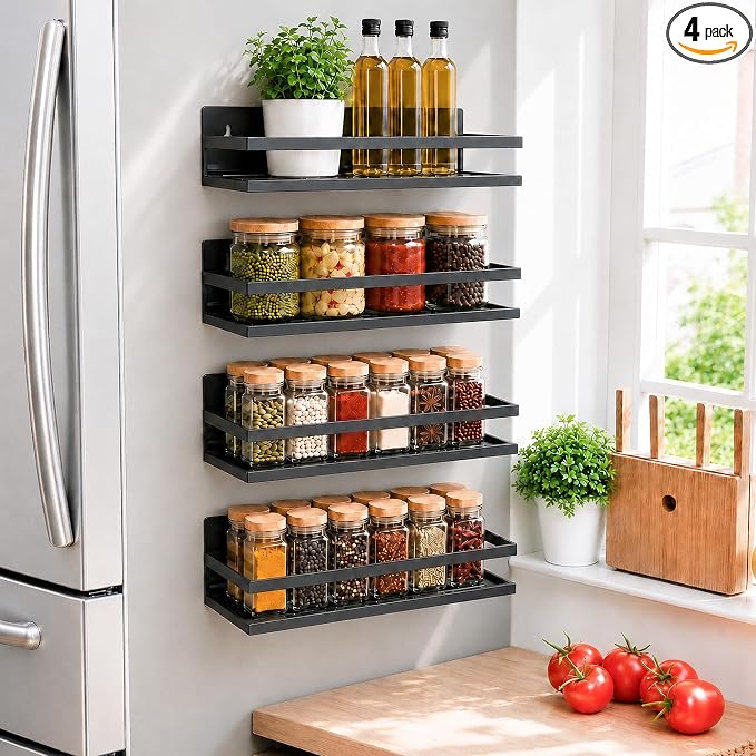 SMRCAD 4 Pack Metal Magnetic Spice Rack for Fridge – Heavy-Duty | Iron Construction, Rust-Resistant, Dust-Resistant, Fits Condiment Bottles, Includes Screws for Optional Wall Mount by SMRCAD