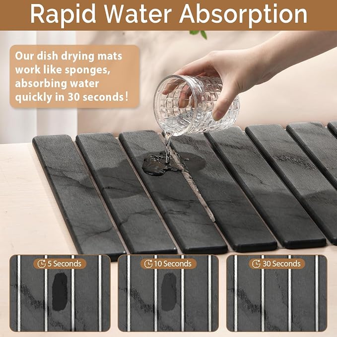 Large Stone Dish Drying Mat for Kitchen Counter, Quick Dry Stone Dishes/Bath Mats,Foldable Water Absorbing Diatomaceous Earth Drying Organizer Pad for Plate Rack Bottles Utensils(Dark Gray 24"×16") - Image 5