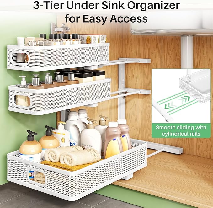Kitstorack Under Sink Organizer, 2-Pack 3-Tier Height Adjustable Thickened Metal Pull out Cabinet Organizer Shelf, Slide out Storage Drawer Rack for Bathroom Kitchen Pantry Home Laundry Organization - Image 7
