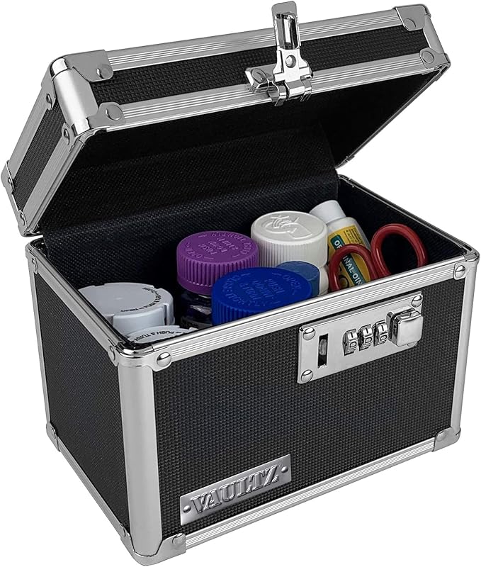 Vaultz Locking Security Box, Combination Safe for Valuables & Cash, Black | Small safe measuring 9.88 x 7 x 7.75 in, sturdy steel lockbox with reinforced corners, 3-digit combination, no keys needed by Vaultz