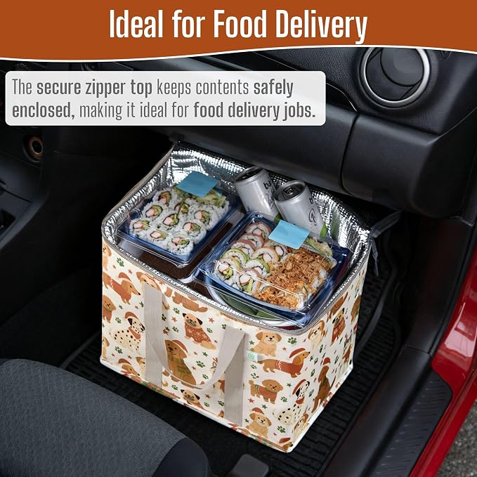 VENO 2 Pack Insulated Cooler Bag for Food Delivery, Reusable Grocery Bag | Heavy Duty Large Collapsible Cooler Shopping Tote w/ Zippers, Foldable, Stands Upright for Camping (Holiday Pups, 2 Pack) - Image 8