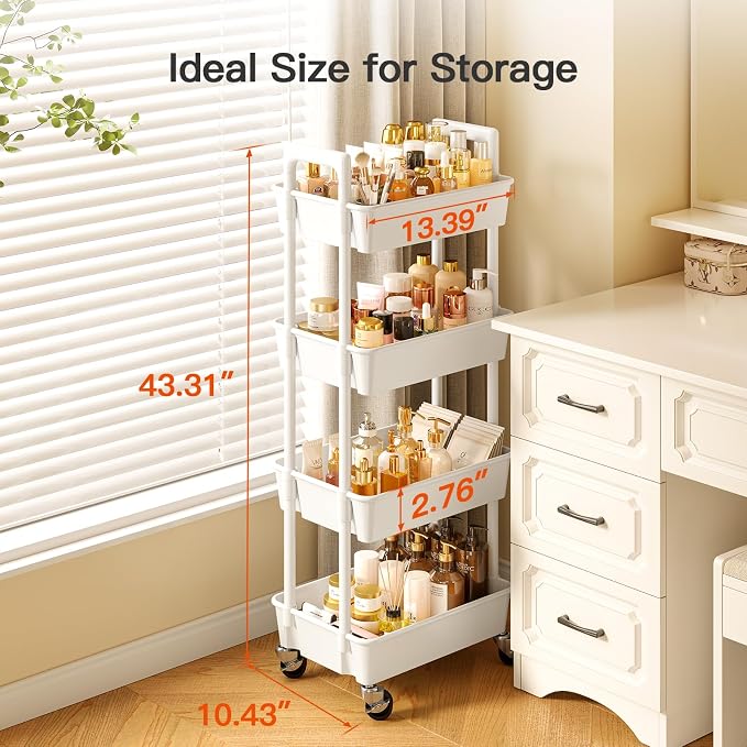 Pipishell 4 Tier Rolling Cart Organizer, Plastic Rolling Cart with Lockable Wheels & Reinforced Handle, Lightweight Utility Storage Cart for Nursery, Kitchen, Craft Room, White - Image 4