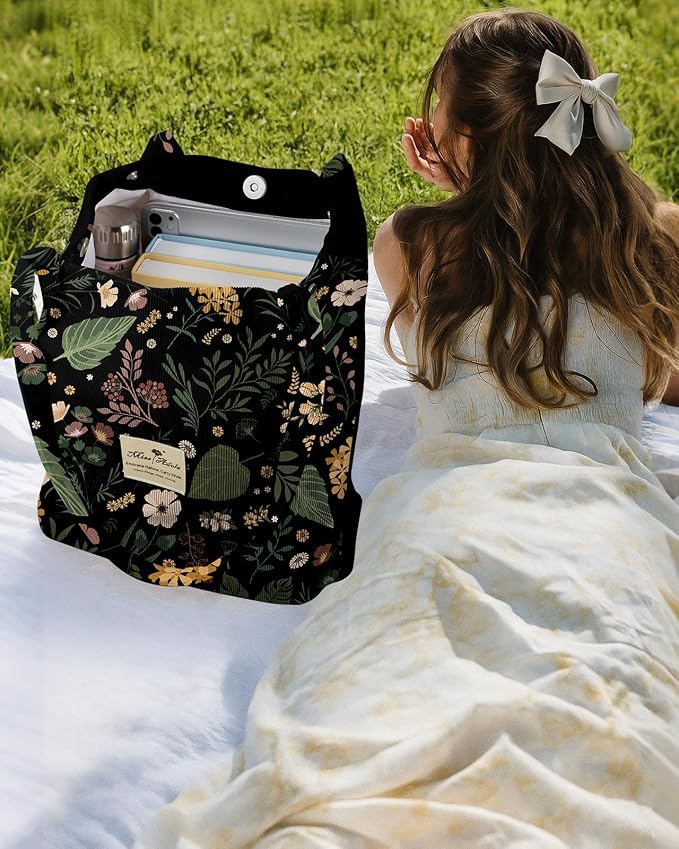 Miss Adola Corduroy Tote Bag for Women with Aesthetic Design | Magnetic Buckle & Pocket, Reusable, Soft, Roomy, Long Shoulder Handles, Double-sided Print, Casual Daily Work, Grocery Bags - Image 2