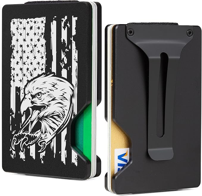 Minimalist Wallet for Men, Slim Metal RFID Blocking Wallet Credit Card Holder Money Clip & Cash Strap, Scratch-Resistant Holds 15 Cards,Ideal Gift for Men | Patriot Eagle Flag by Unknown