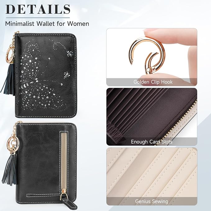 KITEVIUN Women RFID Blocking Small Bifold Wallet, Compact Cash Clutch with Zipper Coin Pocket, Glittery Butterfly Design, Credit Card Holder, Travel Purse with Tassel BLACK - Image 5