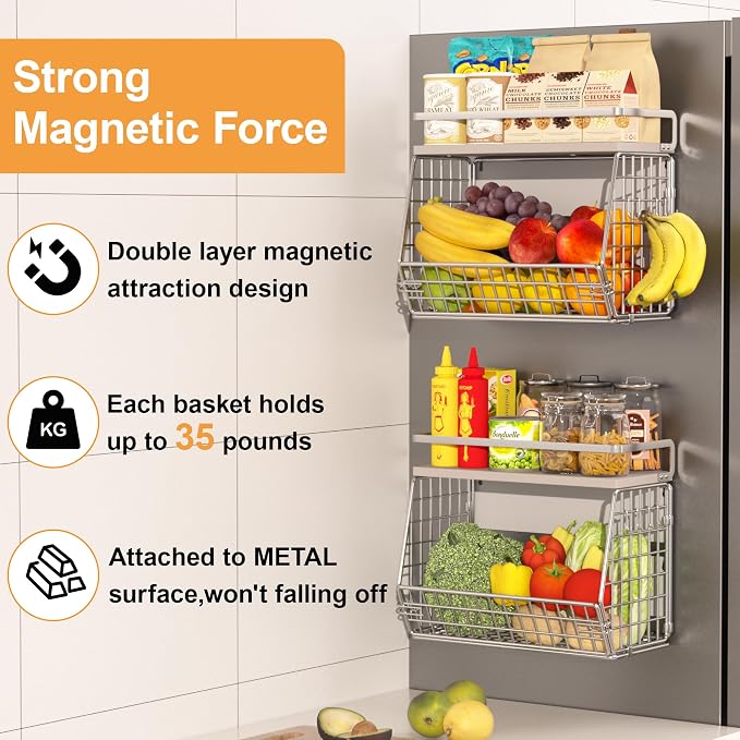 Fruit Basket 2 IN 1 Magnetic & Hanging Wall Produce Basket for Potato Onion Fruit and Vegetable Storage,Magnetic Spice Rack for Refrigerator Kitchen Counter Cabinet Pantry - Image 2