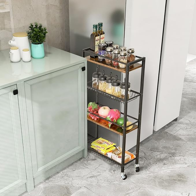 YMYNY Kitchen Storage Rolling Cart 4 Tier on Wheels Rustic Brown HBR002H | for Narrow Spaces, Laundry Room, Dining Room, Bathroom, 32.7" H Shelving Unit with Mesh Baskets - Image 6