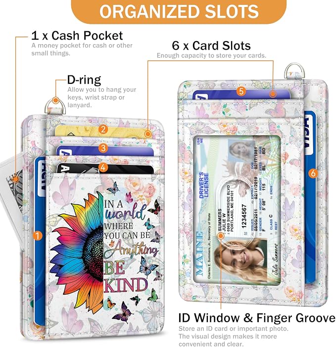 Yonlevres Be Kind Sunflower Credit Card Holder Slim RFID Wallet Women Small | Front Pocket, Handy, RFID Blocking, Woman Girls Ladies Gifts, D-ring for Keychain,Thin Mini Card Case, ID Window, PU Leather - Image 4
