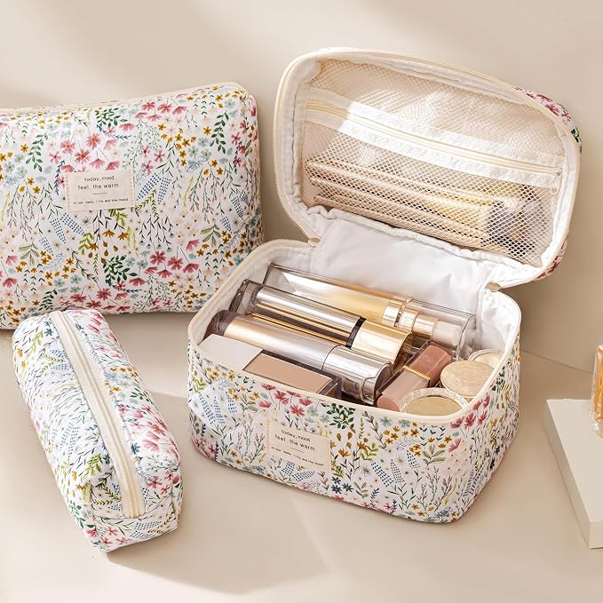 HBselect Quilted Makeup Bag, 3Pcs Cotton Large Travel Makeup Bags Organizer | Cute Floral Make up Bag Cosmetic Bag Toiletry Bag for Women Girls, Makeup Pouch for Skincare, Brushes & Travel Essentials - Image 3