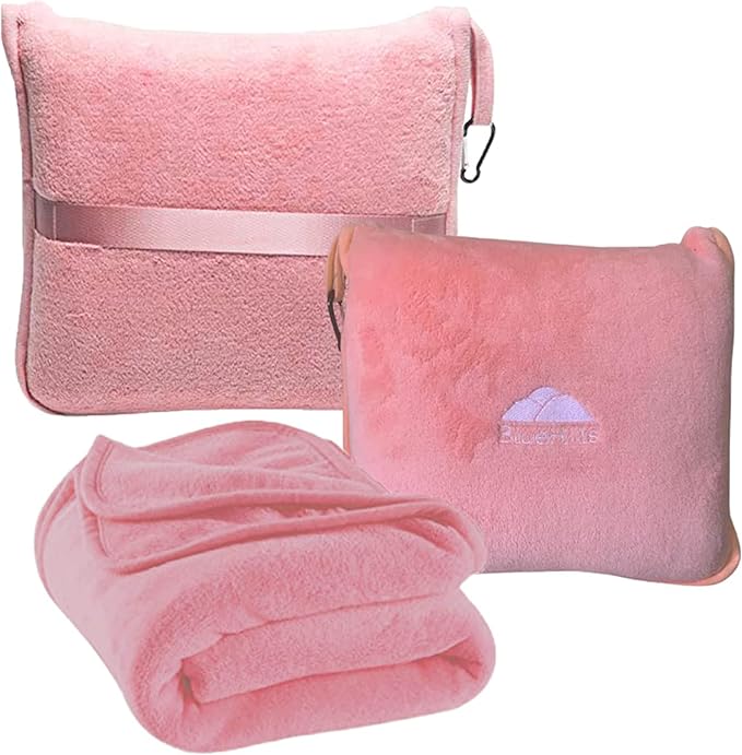 BlueHills Premium Soft Travel Blanket Pillow Airplane 2 in 1 - Light Pink | Large Travel Size Blanket Throw in Compact Case, Long Flight Essentials, Lightweight & Portable, Carry on Airplane Comfort by BlueHills