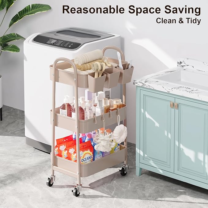 3 Tier Khaki Metal Utility Rolling Cart, Storage Cart with Lockable Wheels | Multifunctional Organizer Trolley with Mesh Storage Baskets and Handle for Kitchen, Office, Living Room, Laundry, Garage,Dorm - Image 3