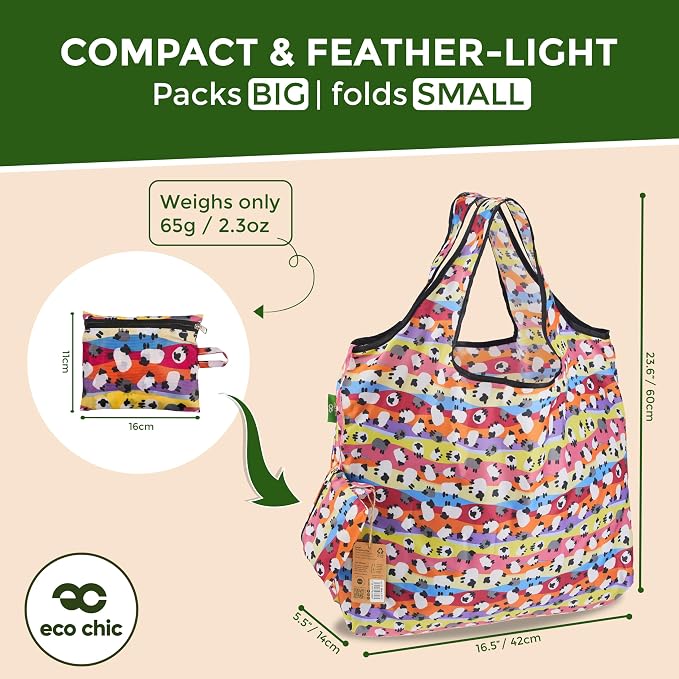 ECO CHIC Foldable Reusable Large Grocery Bags - Foldable Grocery Bags - Lightweight, Recycled & Reusable Shopping Bag - Waterproof, Packable Tote Fitting in Fine Grocery Bag Carrier - Image 4