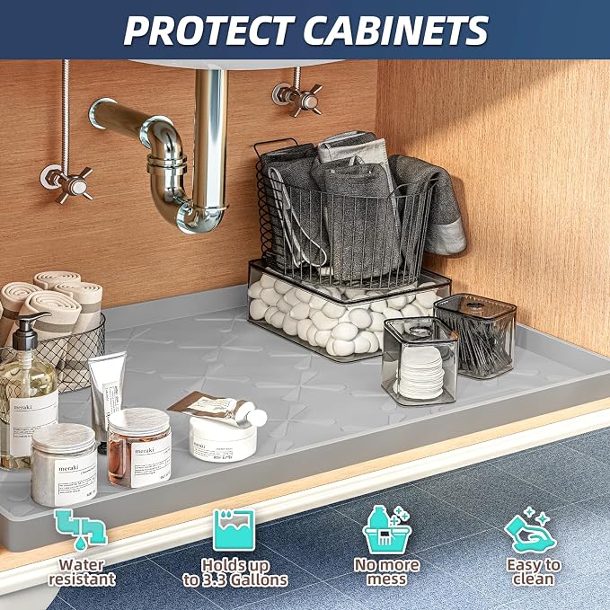 Waterproof Under Sink Mat Silicone 22"x19", Kitchen Cabinet Liner | BPA Free Home Organizer and Storage, Thick Raised Edge Cabinet Protector, Non-Slip Dog & Cat Mat, Dish Drying Mat - Image 5