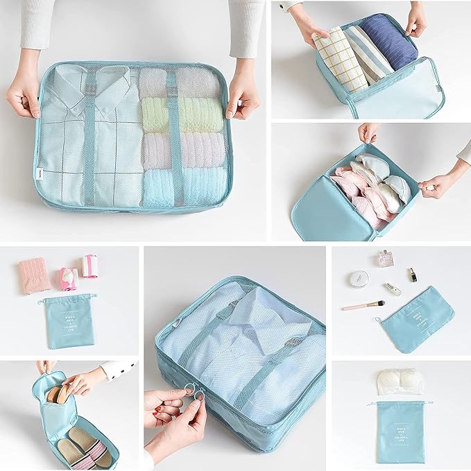 LANSKLBD 6/8 Set Packing Cubes for Suitcases Travel Luggage Packing Organizers,Travel Accessories Essentials Luggage Organizer with Shoe/Tioletry/Laundry Bag (Light Blue, 8 set) - Image 4
